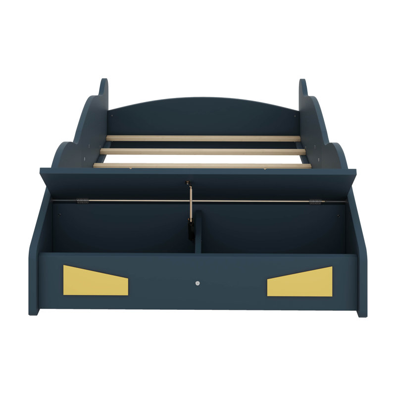 Lit de course en forme de voiture, lit plateforme en bois avec rangement et roues, Lit simple, Bleu très foncé