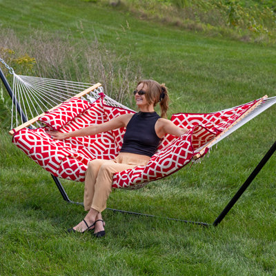 2-Person Polyester Rope Hammock and stand set with Removable Quilted Pad and Pillow - Royal Red