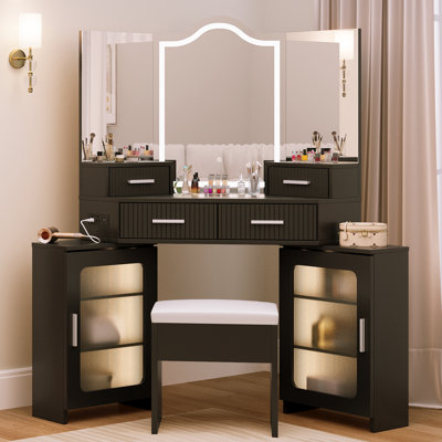 Tri-fold Makeup Vanity Desk With Led Mirror And Outlets, Fluted Dressing Table With 4 Drawers And 2 Storage Cabinets