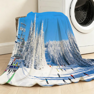 Blue Ultra Soft Flannel Fleece Throw Blanket,of Ski Slope People White Single-Sided Print