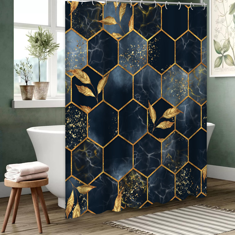 Rideau de douche hexagonal en marbre doré à 12 crochets, L 72 po x l 84 po