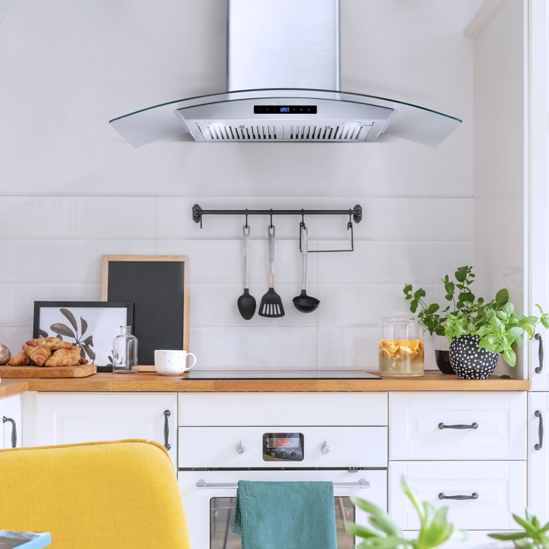 Hotte murale à conduit en acier inoxydable de la collection Vista de 36 po avec commandes tactiles, éclairage à DEL et filtres permanents Cosmo