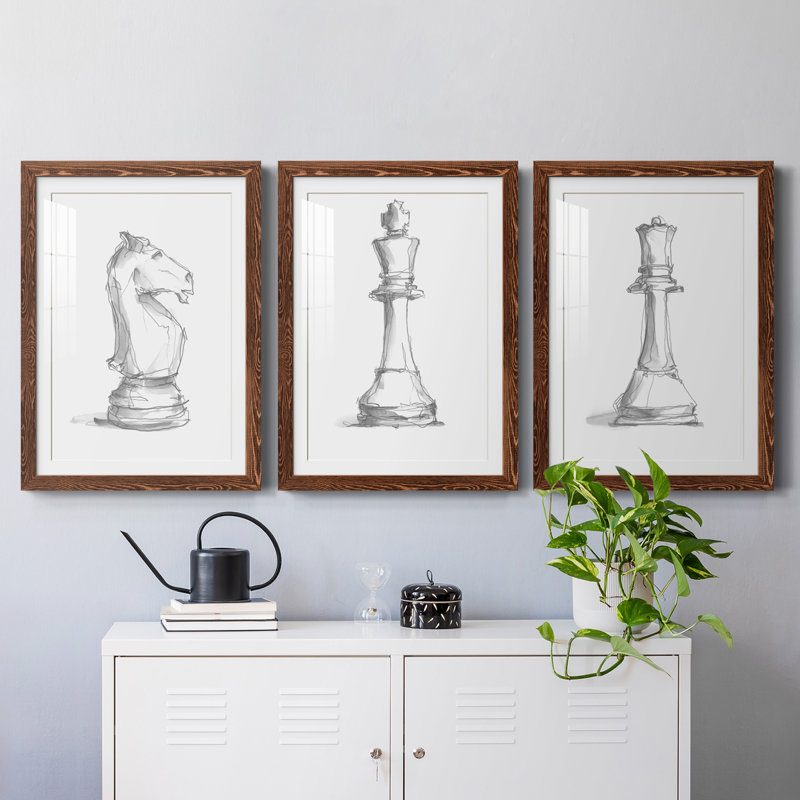 " Chess Piece Study I " 3 - Pieces Painting Print, 37.5" H x 82.5" W x 1.5" D, Maple