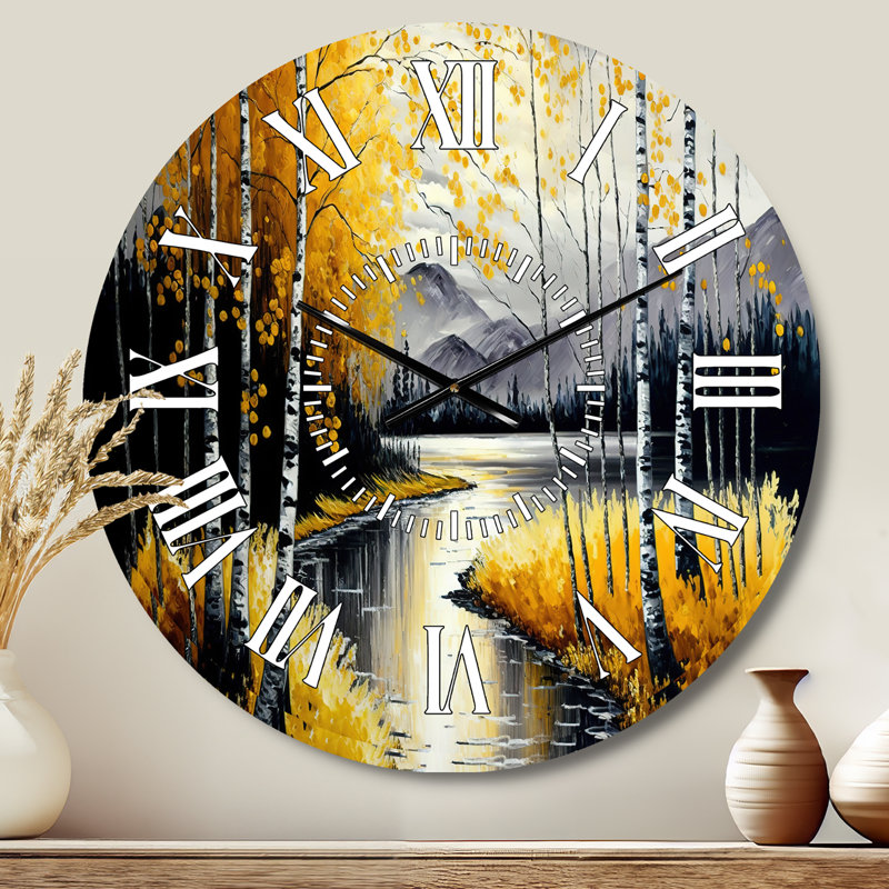 Horloge murale grise et jaune au bord du lac II - Paysage et nature, Médium