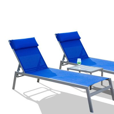 Mobilier de patio bleu - 3 pièces Chaises réglables en acier. Pieds antidérapants. Pour les espaces extérieurs. Chaise facile à assembler 5 positions, fabrication, tissu, résistance, pieds, rouille