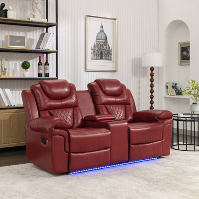 Home Theatre Seating Manual Recliner Loveseat With Hide-Away Storage, Cup Holders And LED Light Strip For Living Room