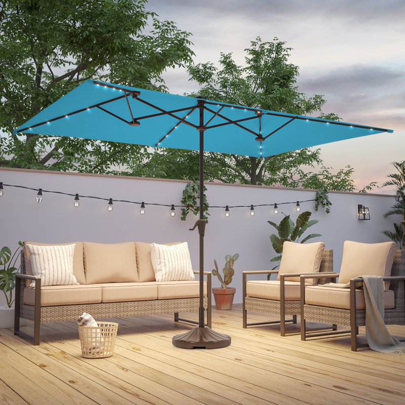 Parasol de marché extérieur à double face avec manivelle 10 x 6,5 pi DEL, Bleu lac
