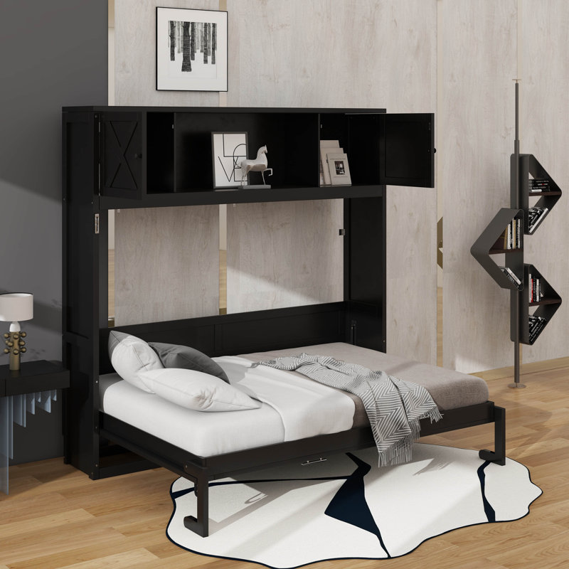 Grand lit escamotable avec armoires de rangement, Noir, noir, noir, noir