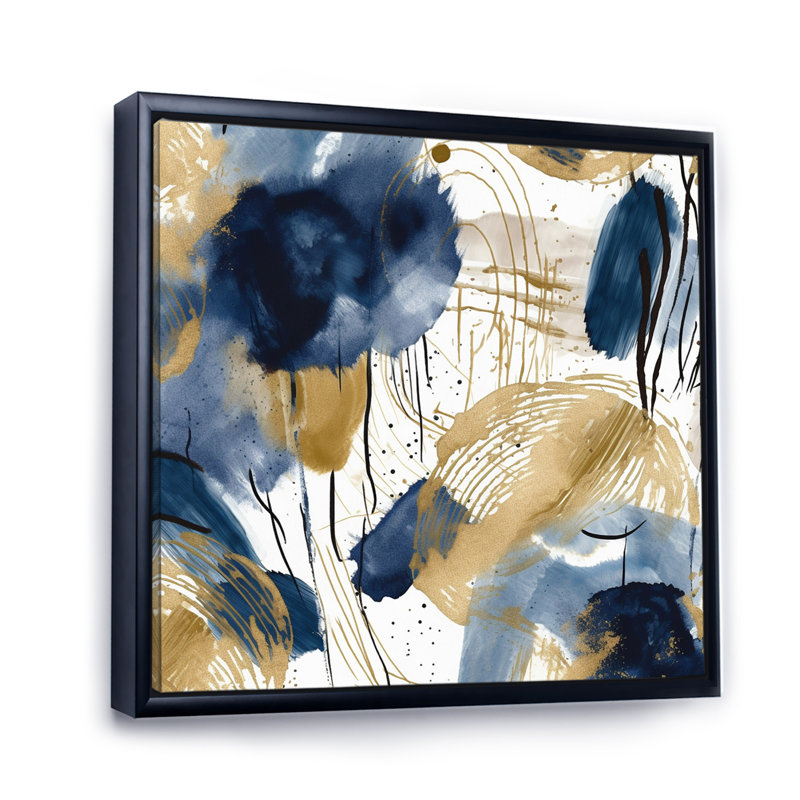 " Abstract Pattern With Blue And Golden Textures III ", Black Floater Framed, 36" H x 36" W x 1.5" D