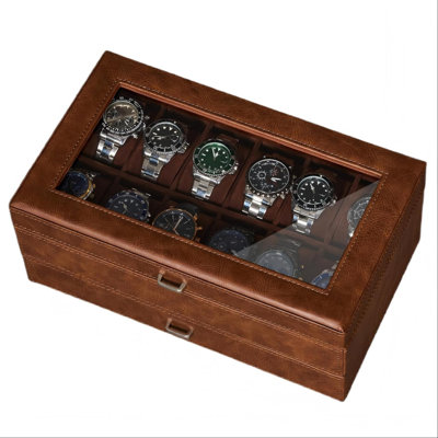 Watch Box For Men, 12-Slot Watch Case, 2-Layer Watch Case With Drawer, Mens Jewelry Box With Large Glass Lid