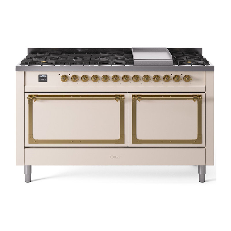 ILVE Nostalgie II Noblesse 60 in Dual Fuel Range, 9 Burner, Griddle, Liquid Propane, Antique White/Brass