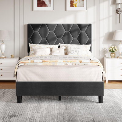 Twin Size Bed Frame with Adjustable Upholstered Headboard, Strong Wood Slats, No Box Spring Needed