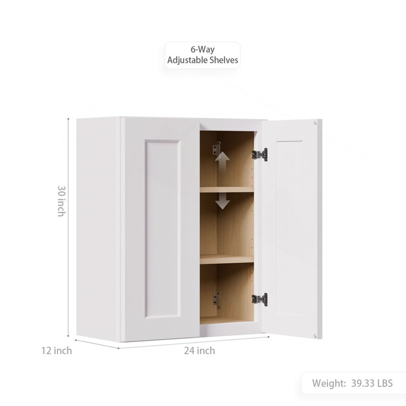 Armoire murale en bois massif blanc Shaker, H 30 po x l 24 po x P 12 po, Blanc