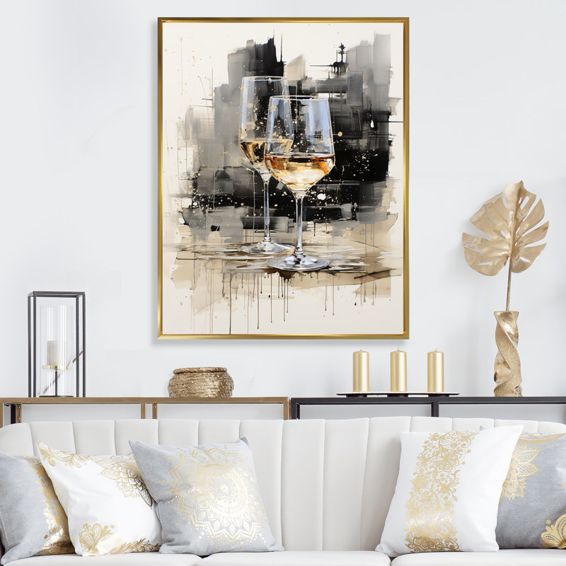 Verre noir et blanc Essence II - Champagne, art mural, Cadre flottant doré, H 44 po x l 34 po x P 1,5 po
