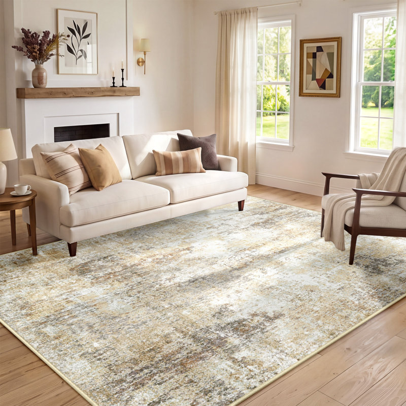 Modern Abstract Printed Area Rug Non-Slip Machine Washable Low Pile for Living Room Bedroom, Rectangle 5' x 7', Neutral/Brown