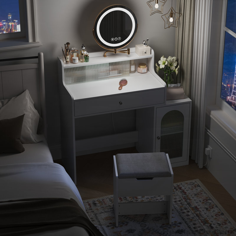 Bureau de coiffeuse avec miroir pivotant à 360 ° et lumières réglables
