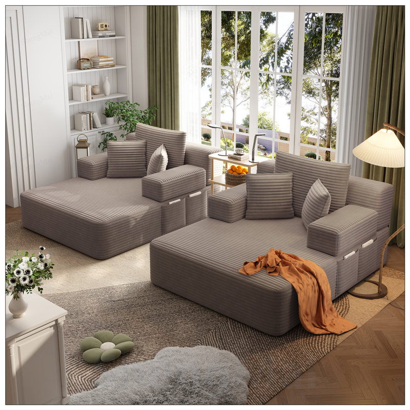 Ensemble 2 pièces surdimensionné de méridienne double, luxueux canapé-lit en velours côtelé moelleux avec 6 coussins et pochette de rangement pour les petits espaces, le cinéma maison et le salon