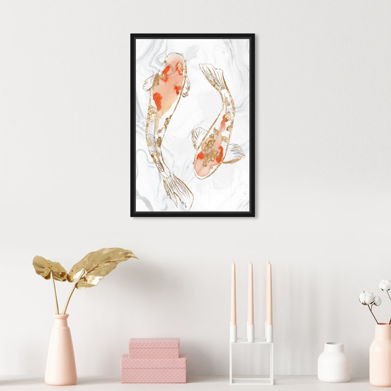 " Two Koi Fish Marble ", 15" H x 10" W, Black Framed