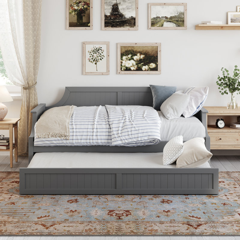 Antavious Coastal Cottage Solid Wood Twin Daybed with Twin Trundle, Gray