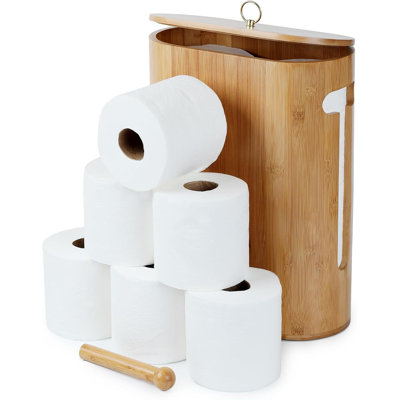 Bamboo Toilet Paper Storage with Dual-Use Lid, Freestanding Bathroom Tissue Organizer with Viewing Slot, Built-In Handle, Anti-Slip Base