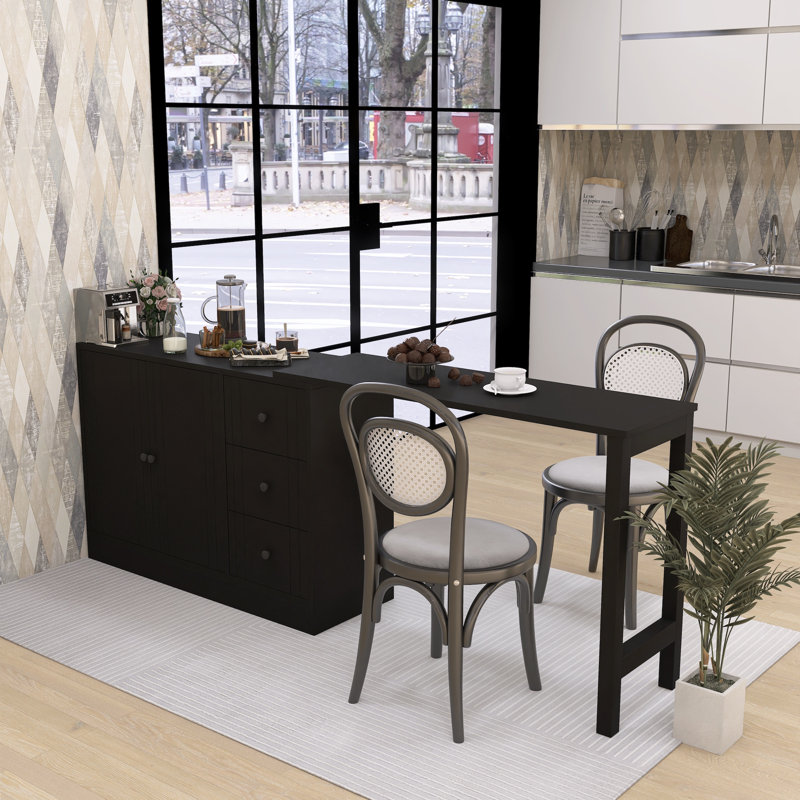 Buffet 89,7 po en bois avec table extensible - Armoire de rangement multifonctionnelle pour le salon et la cuisine, Noir