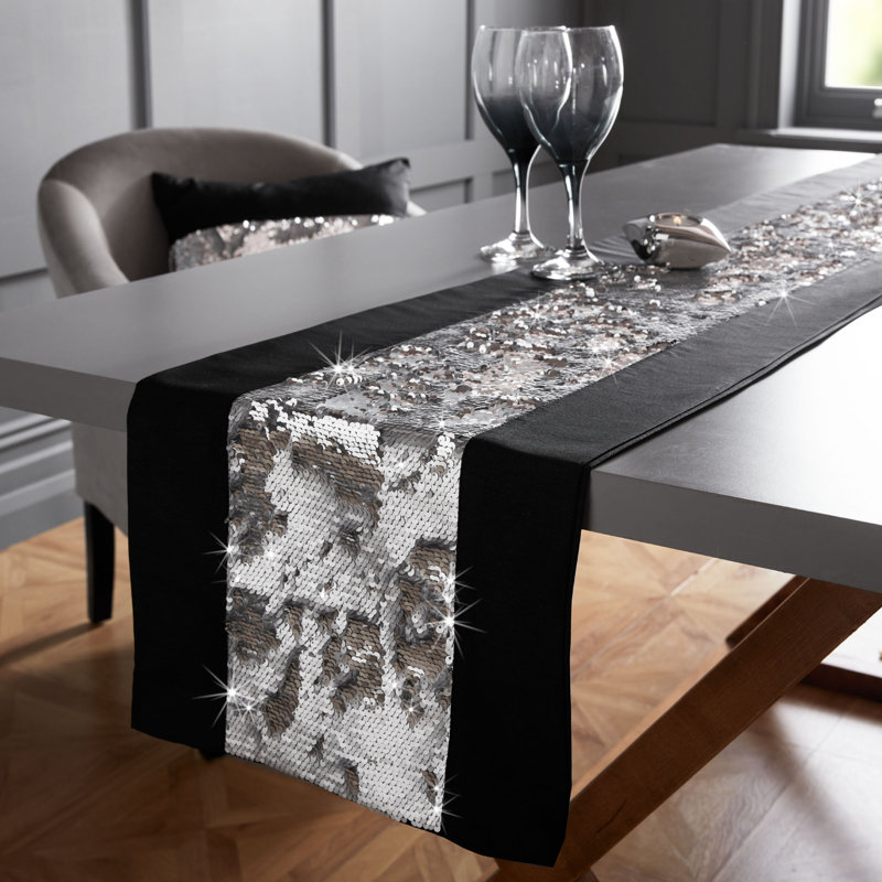 Rachael Table Runner, 30cm W x 183cm L, Black/Silver