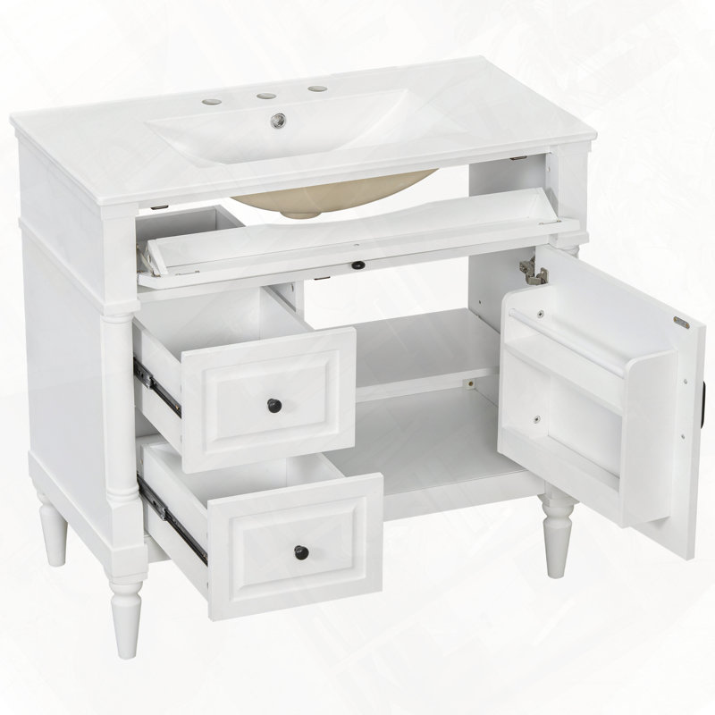 Meuble-lavabo autoportant avec lavabo et tiroir en céramique, Blanc