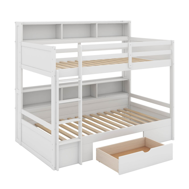 Lit superposé simple avec tablettes intégrées et tiroir de rangement, Blanc