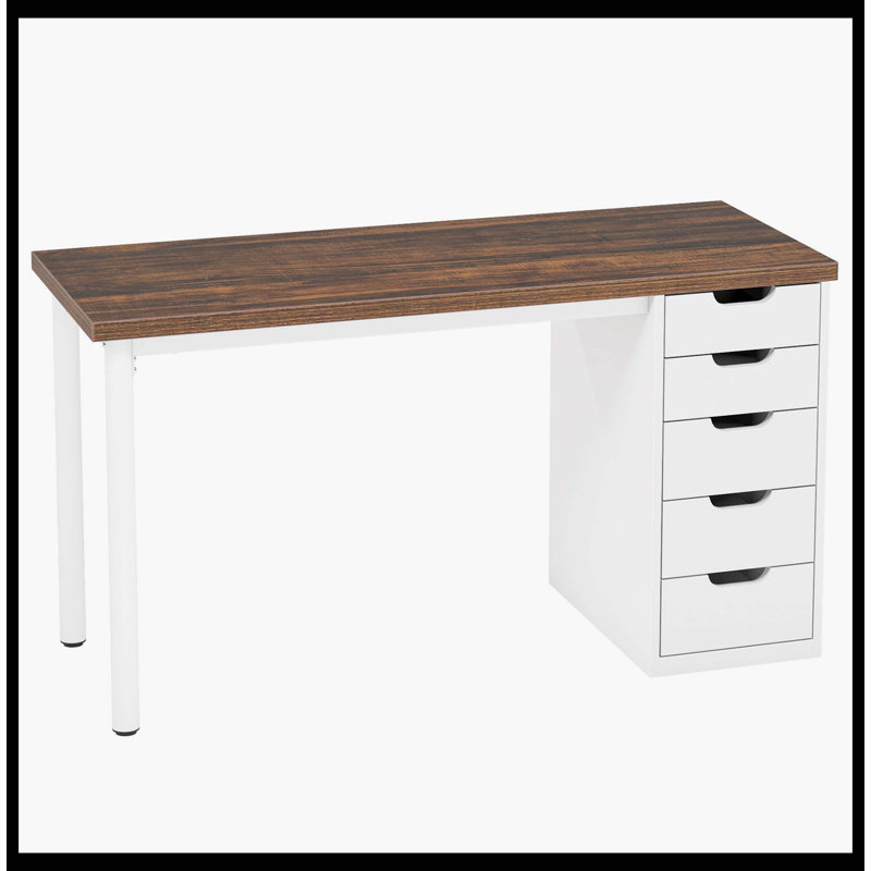 Bureau d'ordinateur 47 po avec 5 tiroirs, bureau d'étude moderne, Brun, Blanc