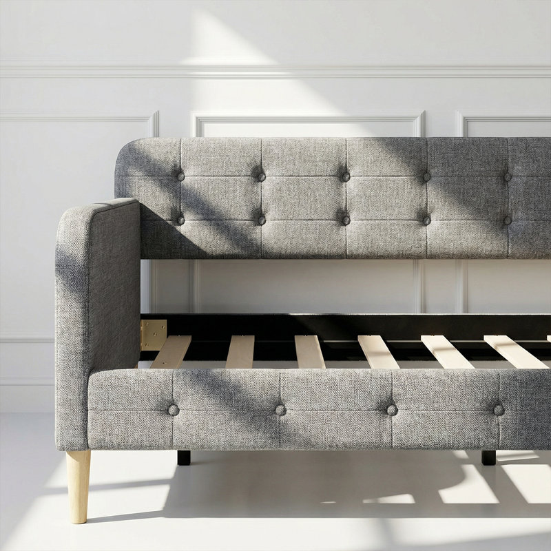Élégant lit de jour rembourré en lin avec accoudoirs - Combinaison de canapé et de lit d'invité polyvalent, Gris, Grand lit