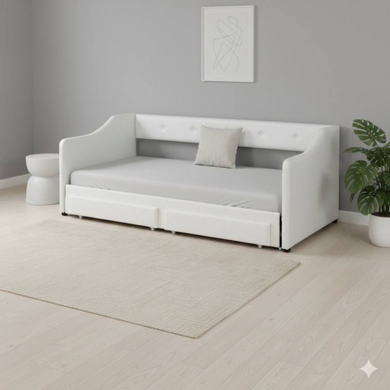 Lit de jour simple tapissier très grand avec deux tiroirs. Disponible en beige.