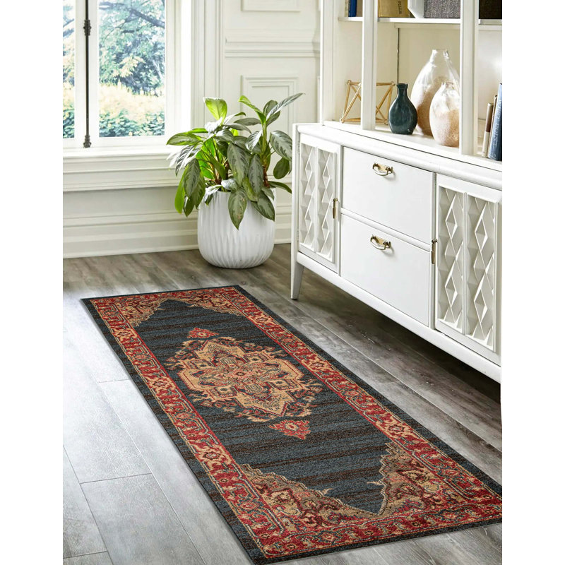 Tapis bleu marine Gundars, Tapis de couloir 2 pi 3 po x 7 pi 6 po