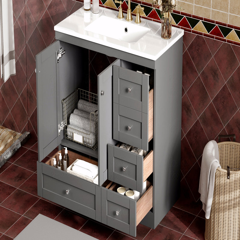 Armoire de salle de bain sur pieds 36 po avec lavabo en céramique, 4 tiroirs à fermeture en douceur et 2 portes à fermeture en douceur Shaker