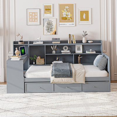 Twin Size Wooden Daybed With 3 Drawers, USB Ports and desk , Gray