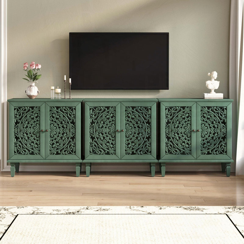 Armoire d'appoint vintage avec portes sculptées creuses florales et tablette réglable, Antique Green