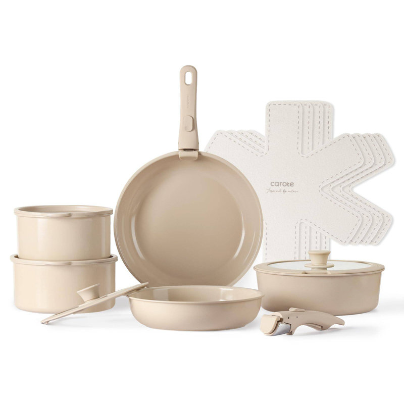 CAROTE 15-Piece Ceramic Cookware Set with Detachable Handle, Taupe