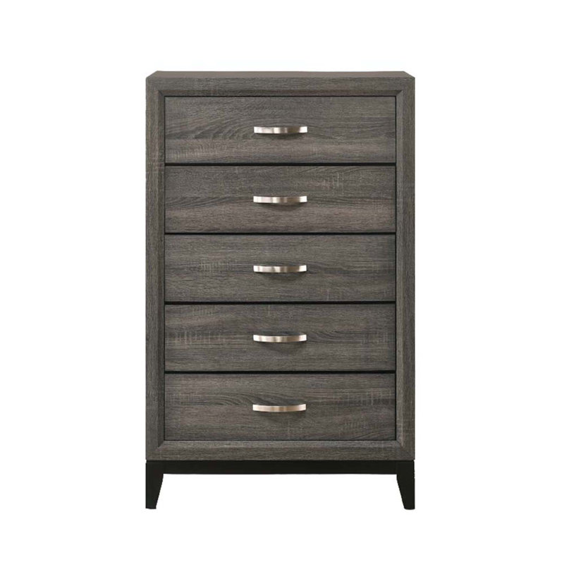 Commode 5 tiroirs de rangement Valdemar, finition grise vieillie