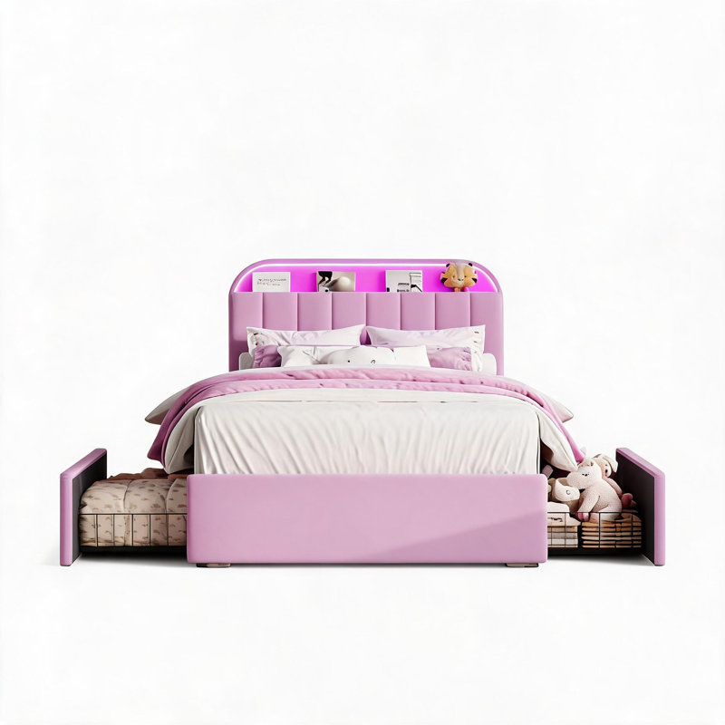 Base de lit simple tapissier en velours avec tête de lit réglable, 2 tiroirs sous le lit, lumières à DEL RVB, support de lattes, aucun sommier requis, mauve