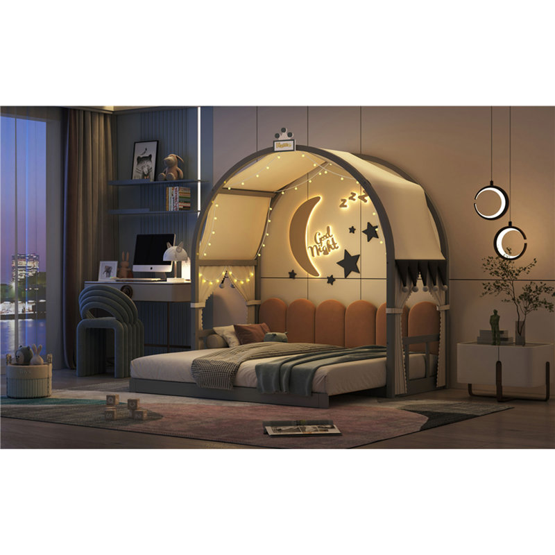 Lit simple allongé avec toit arqué et lit gigogne, Gris