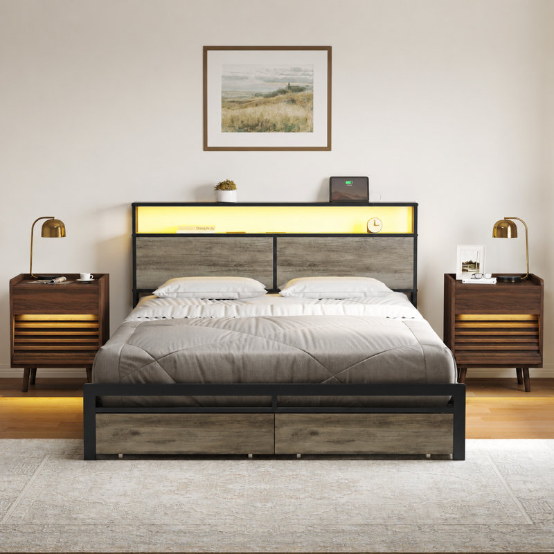 Ensemble de chambre à coucher 3 pièces, lit plateforme avec 4 tiroirs de rangement et charge USB, 2 tables de chevet avec lumières DEL