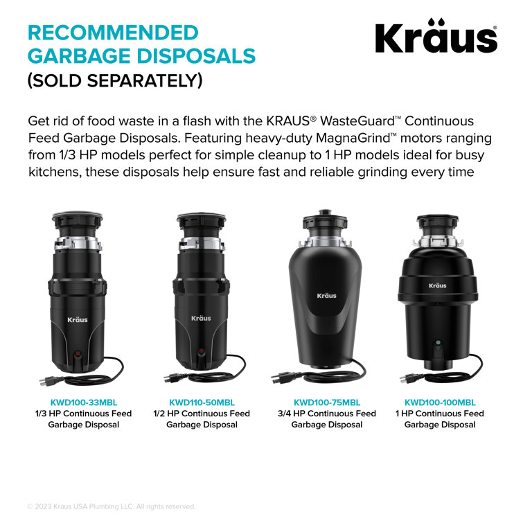 Kraus KWD100-33MBL WasteGuard High-Speed 1/3 HP Continuous Feed Ultra-Quiet Motor Garbage Disposal