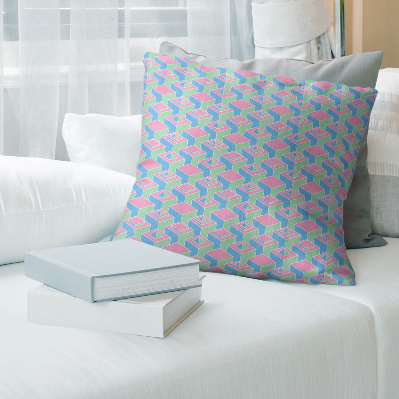 Housse de coussin Skyscrapers, 20 po X 20 po, Bleu vert chaud / rose, Polyester sergé