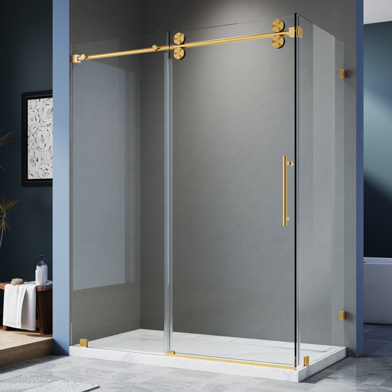 60" W X 33" D X 76" H Sliding Frameless Shower Enclosure With 3/8 Inch Tempered Glass, Brushed Gold, 33" W