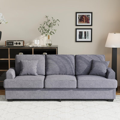 Canapé moderne à 3 places en velours côtelé de 86 po avec 2 coussins décoratifs et un siège profond avec housses de coussin amovibles pour appartement, salon