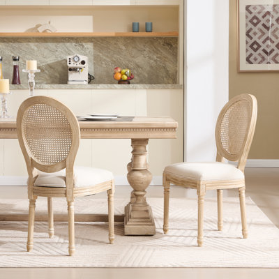 Beige Upholstered French Country Dining Chairs Of 2, Natural Round Back, Solid - Wood Construction, Cotton Linen Fabric, Disassemblable, Wire Drawing And Details Style With Wood Material,