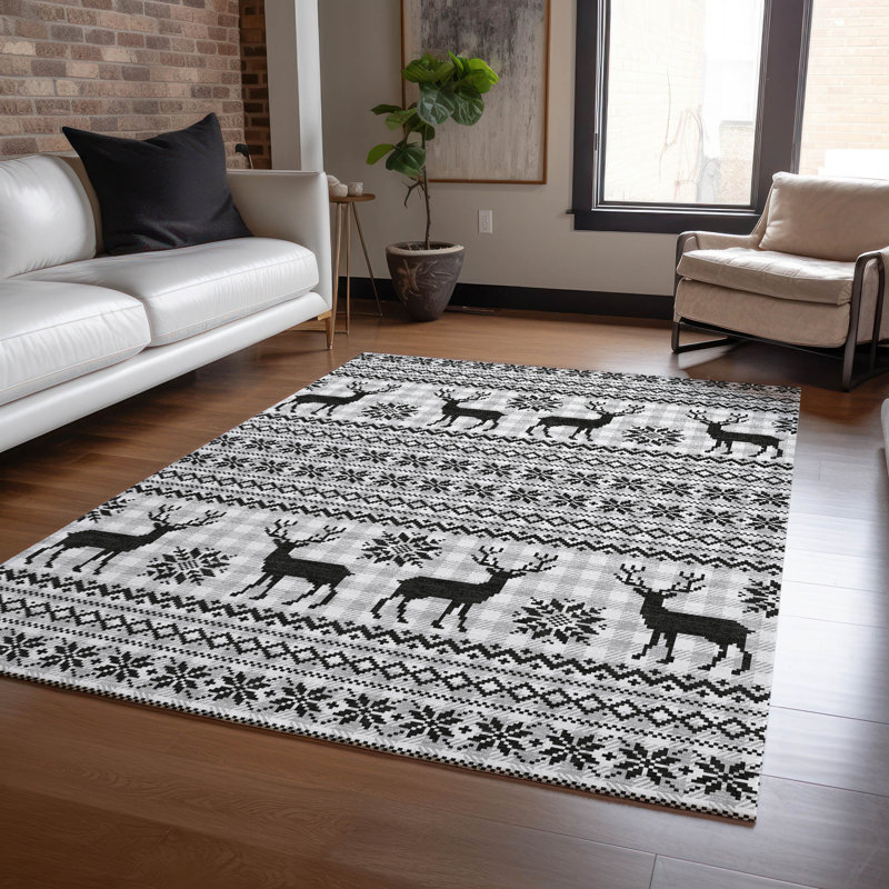 Machine Washable Indoor/Outdoor Christmas Reindeers Xhevrie Silver Rug, Rectangle 3' x 5'