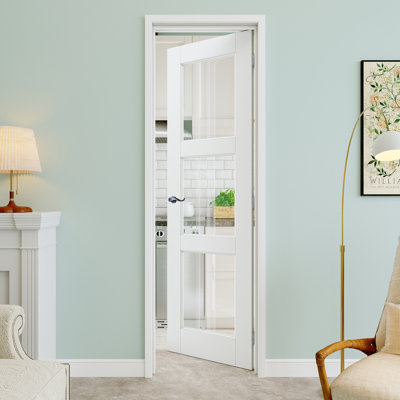 Porte pré-suspendue en verre transparent 24 po x 80 po à 3 lumières avec levier incurvé et charnières argentées, dalle de porte en verre transparent, peint et imperméable, combinaison pour la lessive, portes de placard, portes de pièce, droite