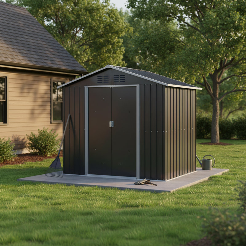7X4.3Ft Metal Garden Sheds Outdoor Storage Sheds Coal Grey With Window, 84" H x 50.8" W x 76.7" D
