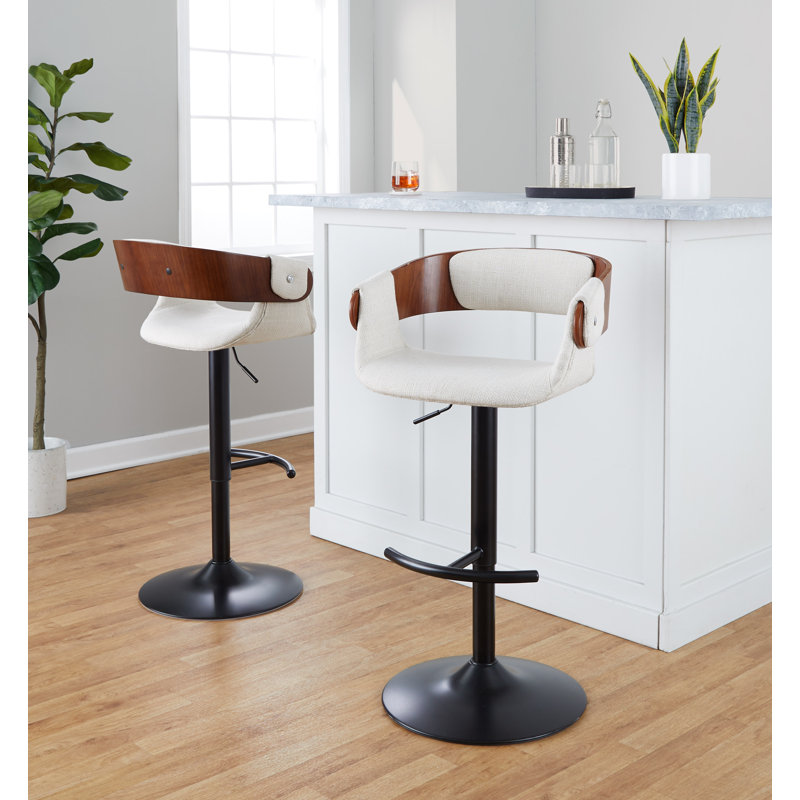 Laurenzio Swivel Upholstered Adjustable Height Counter Stool with Metal Frame, Black, Cream Fabric/Walnut Wood
