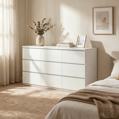 Modern White Matte 9-Drawer Dresser, Handle-Free Storage Chest